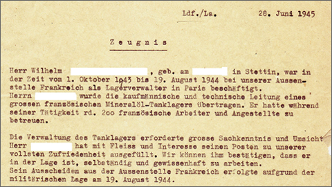 Abbildung eines Arbeitszeugnisses von 1945